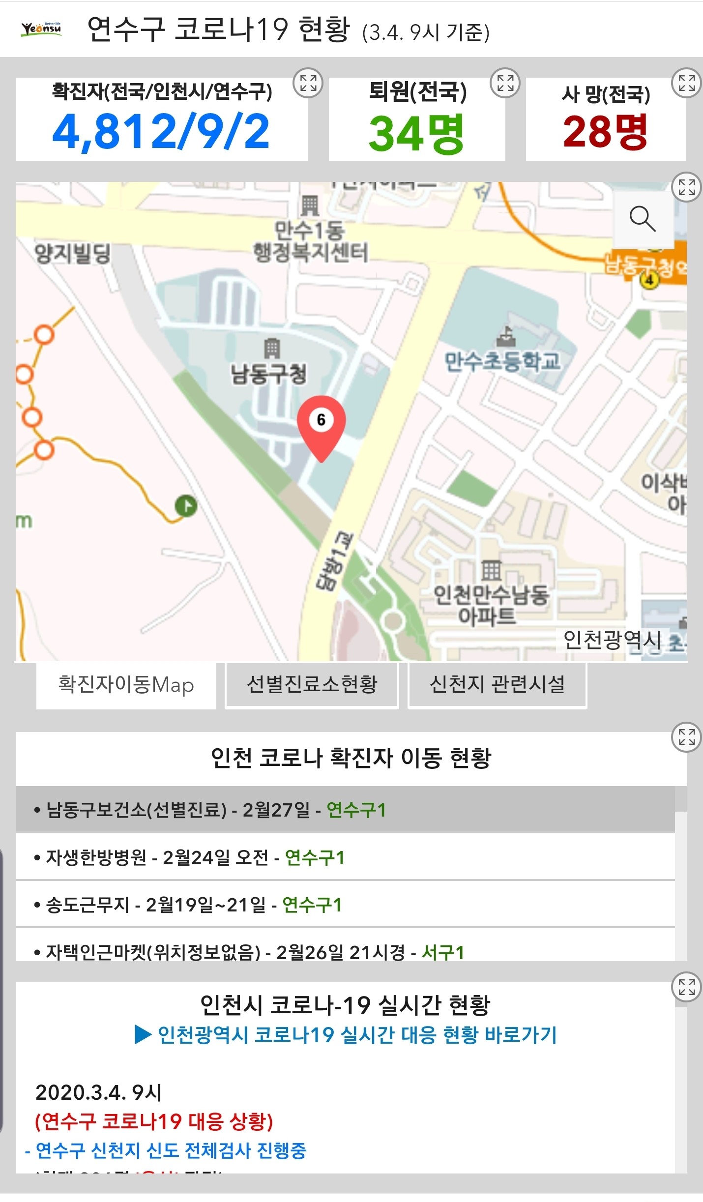연수구, 확진환자 동선, 선별진료소 등 모바일 지도로 한 눈에의 1번째 이미지